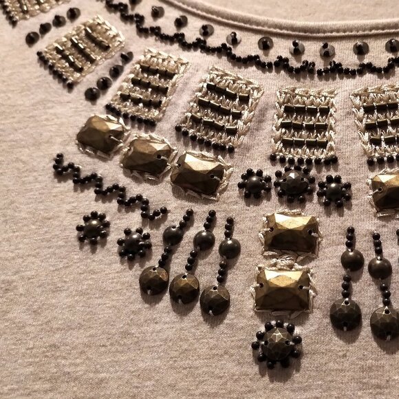 Y2K Short Sleeve Top Hand Beaded Jewel Neck - Picture 10 of 16